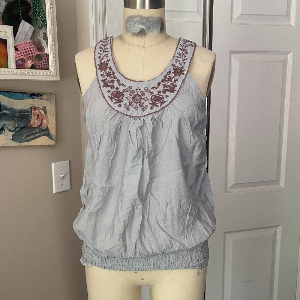 MINE Pale Gray COTTON Embroidered Shirred Drop Waist Tunic Shirt *SMALL* Y2K